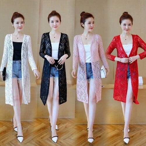 4XL Plus Size Sexy Summer Cardigan Hollow Sunscreen Lace Jacket Women Casual Black White Red Long Sleeve Thin Coat 2021 Y983