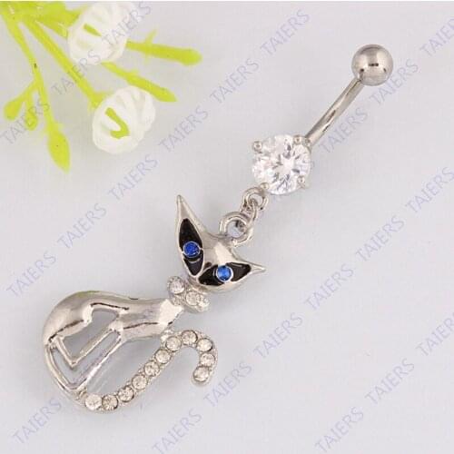 Fashion jewelry Belly button ring Zircon cat Body piercing Navel ring belly bar Retail 14G 316L surgical steel bar Nickel-free