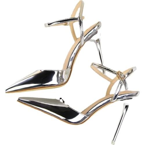 Patent leather metal sandals women 2021 spring new pointed shoes stiletto high heels wild word buckle single shoes women sandals