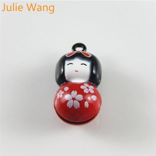 Julie Wang 5 PCs Mini Alloy Red Enamel Japanese Doll Bell Charm For Jewelry Making Necklace Pendant Findings Metal Accessories