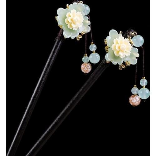 New Classical Blooming Flower Hairpins Clips Wooden Hair Fork Sticks Chinese Hanfu Hair Accessories For Women Bride Wedding