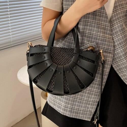 New Woven Bag Straw Semicircle Design Small Tote Bags For Women Summer Beach Shoulder Crossbody Female Travel PU Handbags