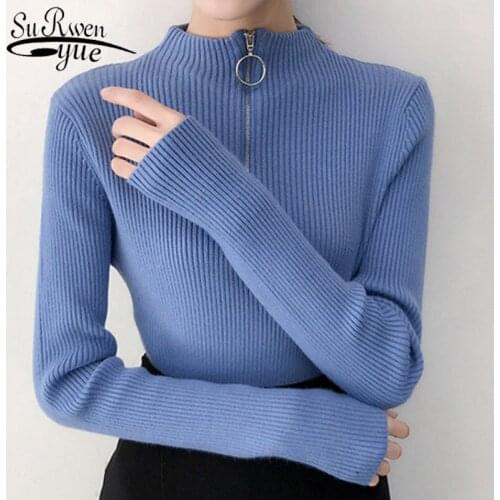 Solid Turtleneck Women Sweater Wool Sweaters 2021 Autumn Pullover Bottoming Office Lady Winter Clothes Women with Zip 10553