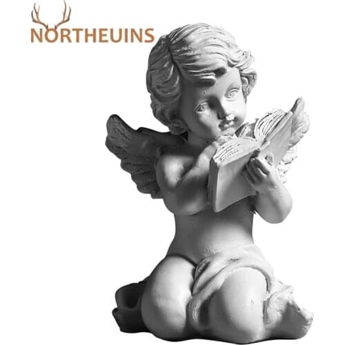 NORTHEUINS 10.5cm Resin Retro White Reading Angel Statues Nordic Creative Figure Figurines For Interior Home Living Room Decor