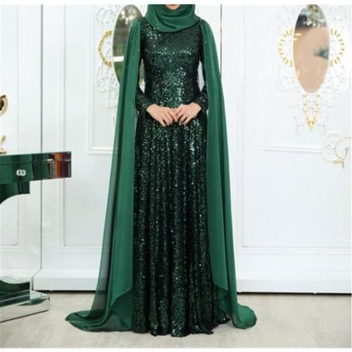 Sequin Long Sleeve Muslim Prom Dress with Chiffon Shawl Islamic Dubai Kaftan Saudi Arabic Long Evening Formal Party Gowns