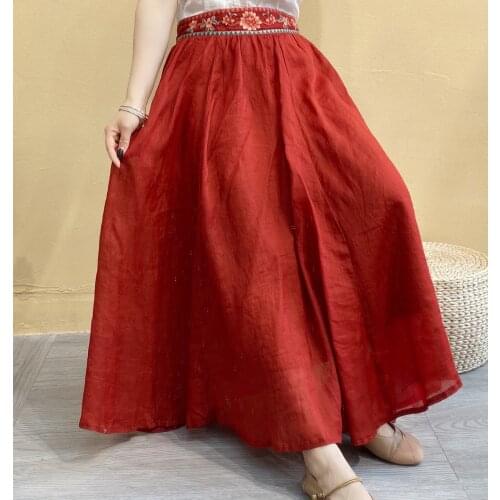 New Women Skirts Summer 21 Indie Folk Style Solid Color Loose Embroidery Female Ankle-Length Expansion Skirt Fashion