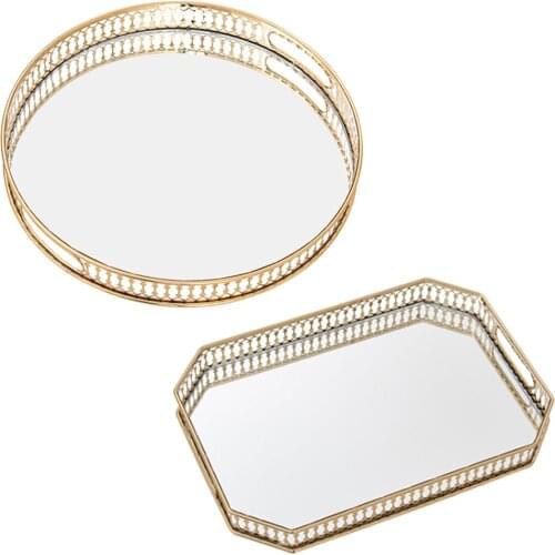 Mirrored Glass Metal Vanity Tray, Ornate Decorative Tray for Perfume Jewelry Makeup Plate