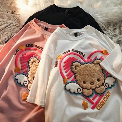 Women T shirt INS Heart Plush Bear Cute T Shirts Women Girl Oversized Cotton Tshirts Summer Tee New Fashion Female Vintage Tops