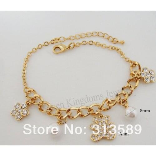 ORDER 10$ GET FREE SHIPPING/7.5"+1.6" NEW LADY - YELLOW GOLD GP OVERLAY BEAR PEARL FLOWER CHARM BRACELET/GREAT GIFT