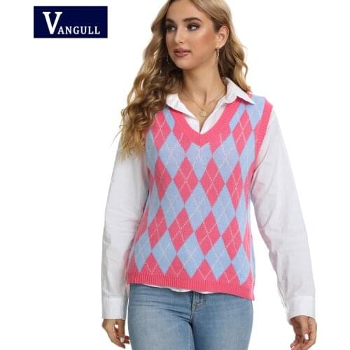 Vangull Vintage Argyle Knitted Vest Women Casual Plaid Pullover Tank V-Neck Sleeveless Spring Autumn ALL-match Sweater Vest Tops