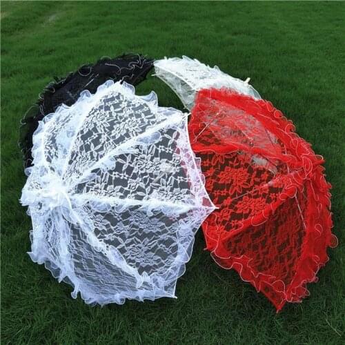 Elegant Stylish Women Long handle Bridal Lace Umbrella Lace Embroidery beach Parasol Umbrella for Child Dance Photography Prop