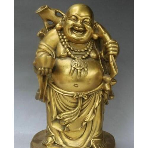 10"Old China Bronze Wealth Money Coin Yuanbao Happy Laugh Maitreya Buddha Statue