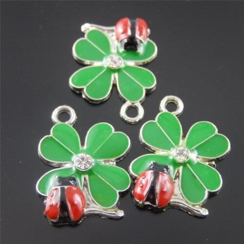 10PCS Lovely Clover Ladybug Enamel Alloy Pendant Charms Bracelet Earrings Jewelry Making Finding 18*16*3mm AU37058