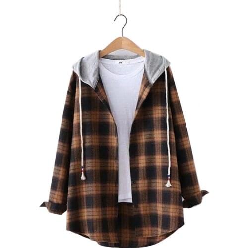 80% HOT SALES！！！Women Loose Retro Long Sleeve Drawstring Hooded Zipper Plaid Shirt Hoodie Coat