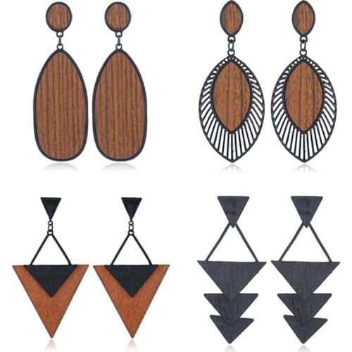 Vintage Elegant Wood Dangel Earrings For Women Fashion Bohemian Geometric Splicing Hollow Drop Earring Jewelry