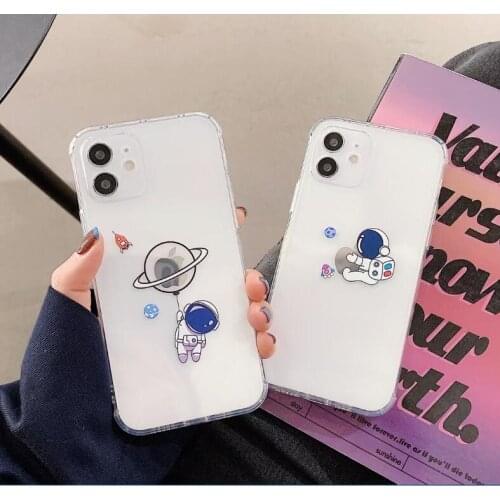 Cartoon Astronaut Planet Phone Case for iPhone 11 12 Mini Pro Max XS Max X XR 7 8Plus Transparent Shockproof Soft TPU Back Cover