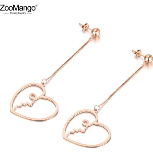 ZooMango Love Heart Shape Long Hang Jewelry Stainless Steel Rose Gold Dangle Earrings Bijoux Brincos Pendientes Mujer ZE18105