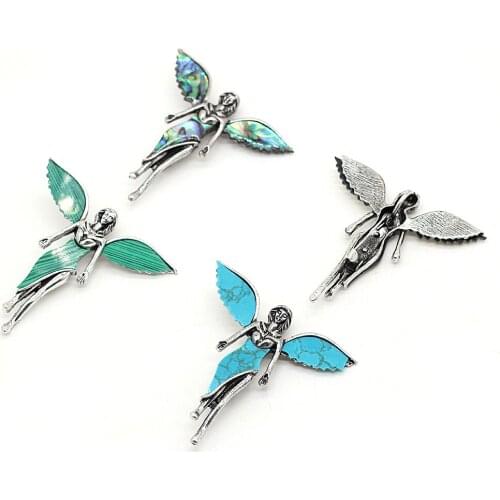 Natural Shell Alloy Pendant With Carved Lifelike Lovely Angel Wings Charms for Jewelry Making Necklace Or Unisex Gift 60x6mm