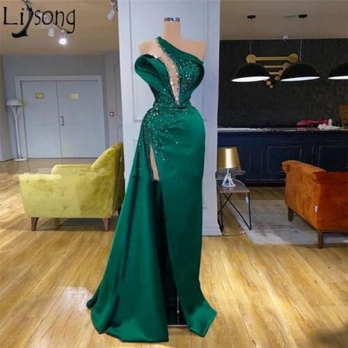 Haute Couture 2020 New Evening Dresses Sexy High Slit One Shoulder Beading Arabic Formal Gowns Customized Prom Dress vestidos