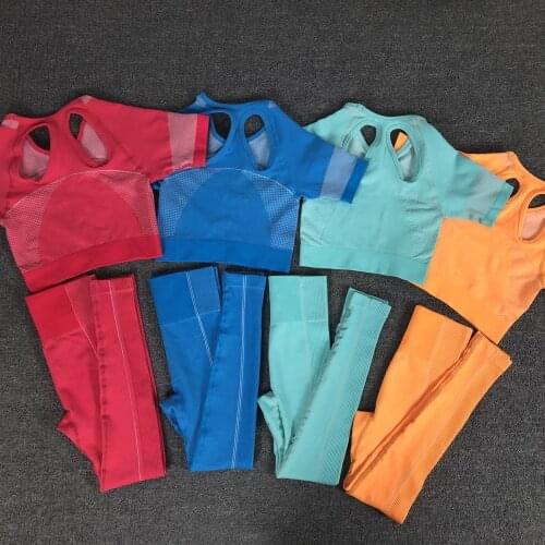 Ultra Seamless Yoga Set Women Fitness Clothing Workout Sportswear Gym Leggings Short Sleeve Crop Top Shirts 2Pcs Sports Suit