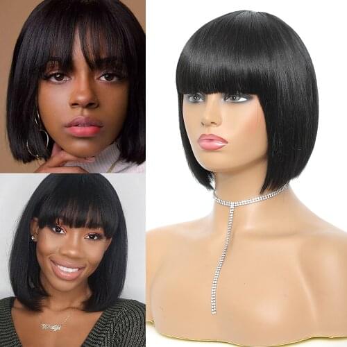 Ushine Short Straight Bob Synthetic Wig with Hair Bangs 8 Inch Full Bob Hair Wig Glueless Cosplay Wigs Heat Resistant For Womem