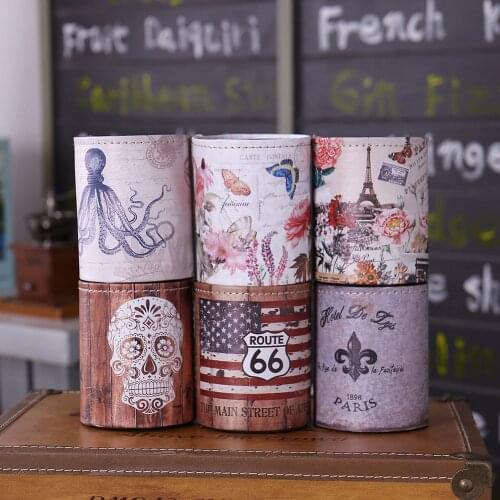 LINKWELL 1PC Retro Printed PU leather Fleur De Lys Sugar Skull Route 66 Pencil Pen Holder Desk Organizer Storage Box Case