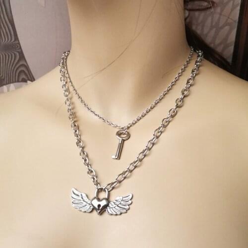 Fashion Lock Key Heart Wings of Angels Pendant Necklace Men Women Gothic Punk Choker Gold Plated Trend Couple Party Jewelry