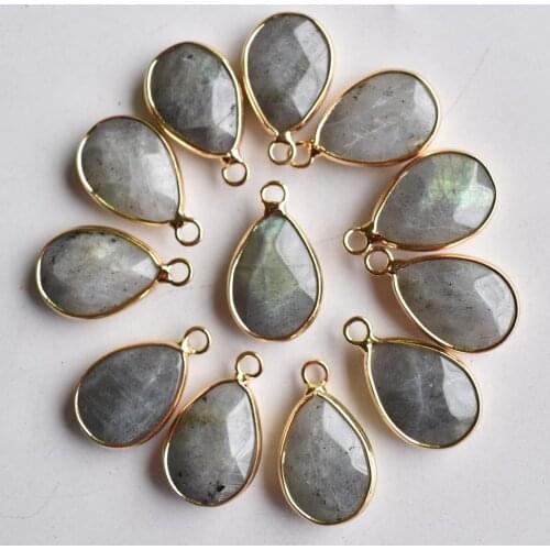 Fashion Good quality natural labradorite stone segment water drop gold color connector accessories pendant 12pcs/lot wholesale