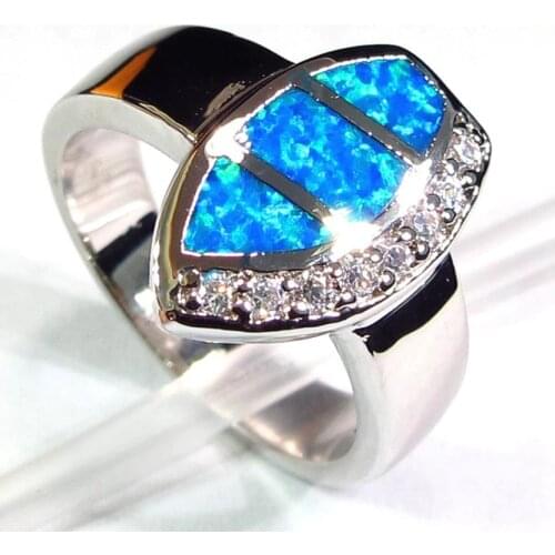 Fleure Esme Engagement wedding rings for men and women Punk Blue opal and white Cubic Zirconia Rhodium plated R114 size 6 7 8 9