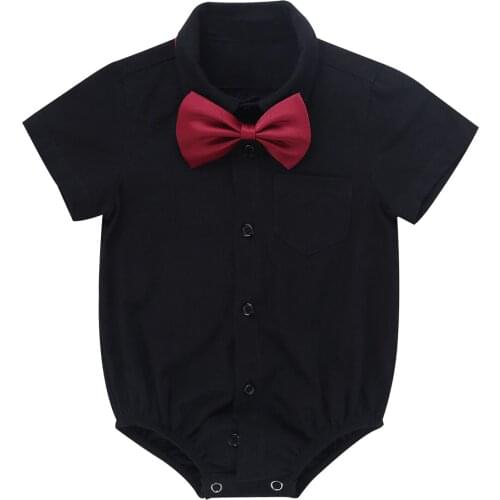 Newborn Clothes Short Sleeves Lapel Formal Gentleman Shirt Romper Wedding Party Infant Baby Boy Romper Jumpsuit With Bow Tie Set