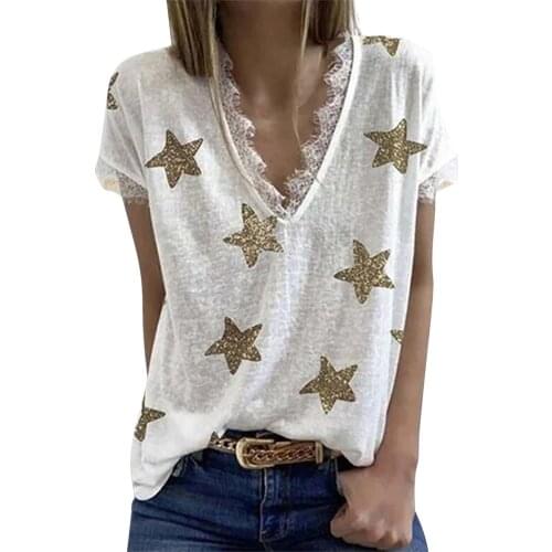 Casual Five-Pointed Star Print Women T-Shirts Loose Lace Splice Short Sleeve Ladies Clothing Deep V-Neck Shirt Top Summer Tee