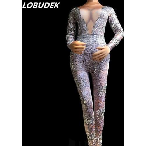 Silver Full Rhinestones Elastic Jumpsuit Fashion Lady Stage Wear Birthday Party Dance Outfit Nightclub Singer Host Dance Costume