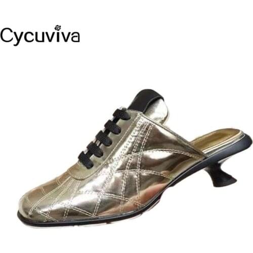 Sexy Kitten Heels Women Slippers Designer Sweing Slides Square Toe Mules Summer Half Slippers Women High Heel Dress Shoes women