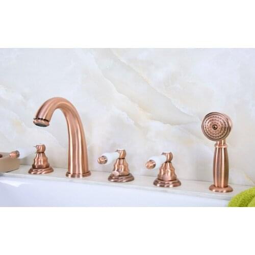 Antique Red Copper Brass Deck 5 Holes Bathtub Mixer Faucet Handheld Shower Widespread Bathroom Faucet Set Basin Water Tap atf231