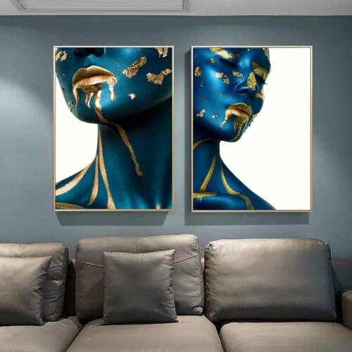 Modern Nude Woman Blue Golden Portrait Canvas Painting Posters and Prints Scandinavian Wall Art Picture for Living Room Decor