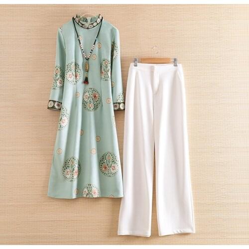 High-end Floral Women 2 Pieces Set vintage Print Cheongsam Dress+ White Loose Pants Flowers Elegant Lady Casual Suit Set S-XXL