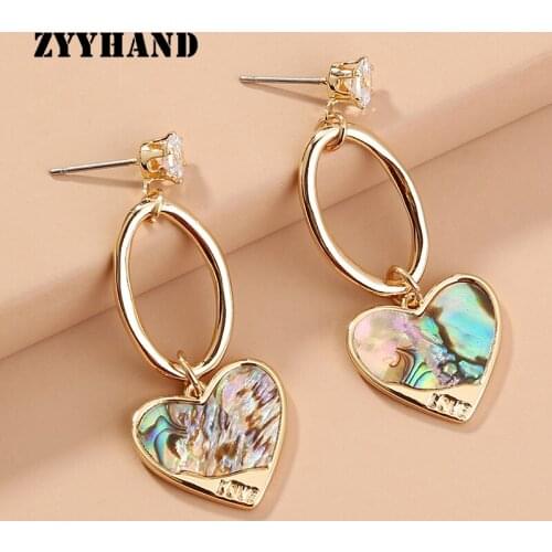 Natural Abalone Shell Women Drop Earrings Girl Golden Color Heart Circle Cubic Zirconia Party Sexy Lady Ear Jewelry