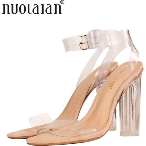 2018 Newest Women Pumps Shoes Celebrity Wearing Simple Style PVC Clear Transparent Strappy Buckle Sandals High Heels Shoes Woman