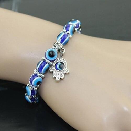 Fashion Silver Color Blue Evil Eye Ethnic Style Handmade Jewelry Hamsa Hand Fatima Palm Bracelets for Women Bead charm bracelet