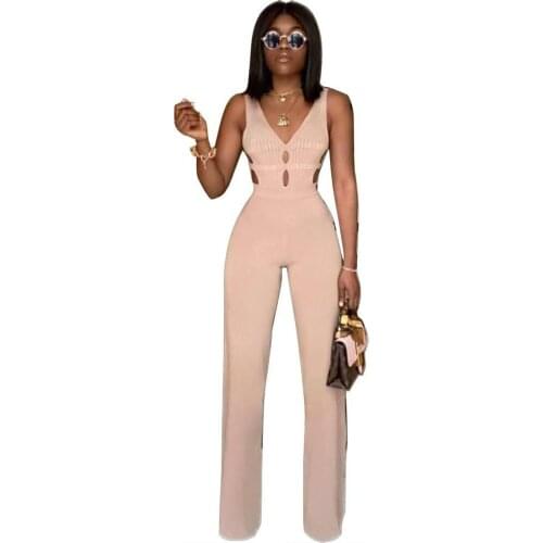 Solid V-neck sexy sleeveless slim jumpsuit 2019 autumn women fashion high waist streetwear club bodycon female bandage jumpsuits