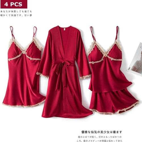 JULYS SONG 4 Piece Sexy Woman Pajamas Set Faux Silk Dressing Gown Lace Satin Sling Shorts Summer Robe Sleepwear Woman Homewear