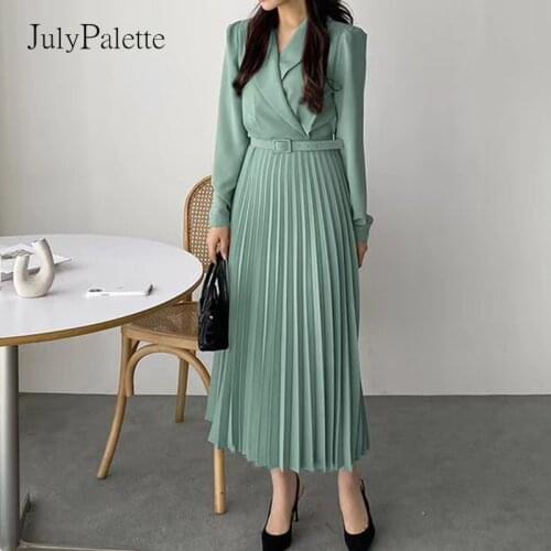 Elegant Office Ladies Blazer Dresses Women Pleated Belt Long Dress 2021 Spring Autumn Full Sleeve Female Party Dress