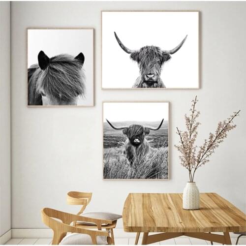 Animal Large s Living Room Bedroom Pictures Black and White Highland Cow Print Farmhouse Decor Wall Art Canvas Painting