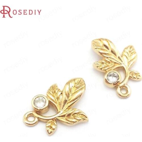 40189)20PCS 10x16MM 24K Champagne Gold Color Brass and Zircon Tree Leaf Leaves Charms Pendants Diy Jewelry Making Supplies