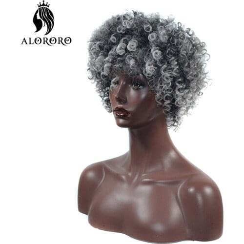 Alororo Afro Short Synthetic Wig Kinky Curly Perruque 8 inches Natural Fluffy Black Grey Mixed Color Wigs for Women Daily Used