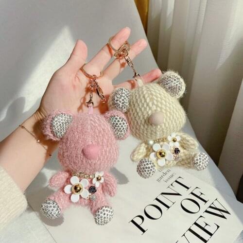 Creatvie Diamond Daisy Flower Sitting Plush Bear Keychain DIY Personality Doll Bag Car Key Chain Pendant Gift