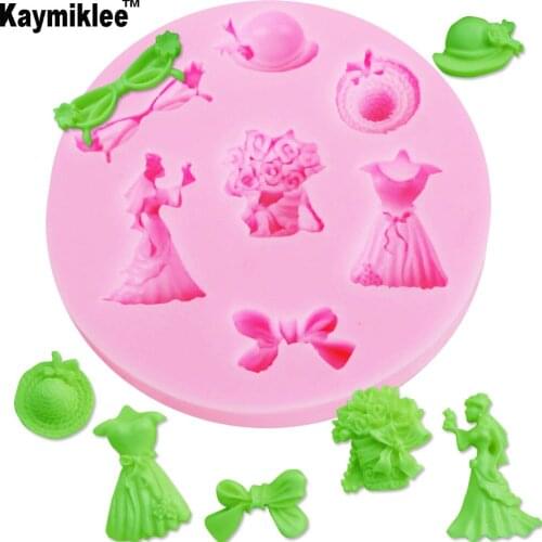 F1137 Princess Bride Dress Flower Bow Class Shaped Candy Silicone Mold Bride Groom Hat Suit Wedding Dress Fondant Cake Tools