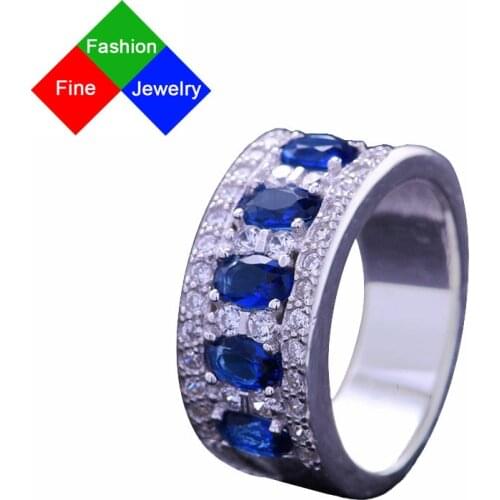 BSL Fine Jewelry Real 925 Sterling Silver Rings For Women Engagement With Blue Sapphire Vintage Rings Size 6-10