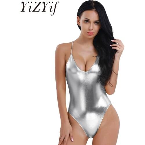 NEW Shiny Gold Silver One Piece Swimsuit Women Swimwear Female Bather V Neck Bathing Suit Swim Wear Monokini