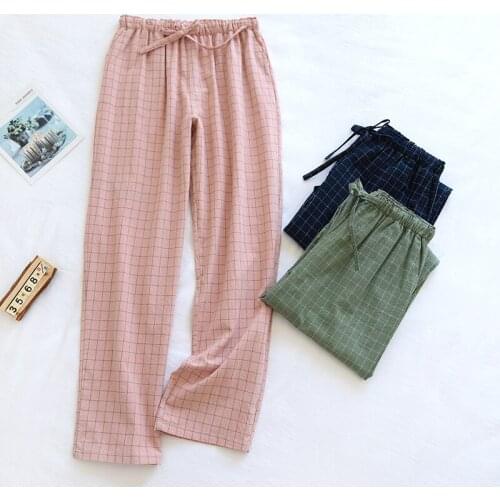 Japanese Plaid Pajama Pants Women Pure Cotton Gauze Spring and Summer Thin Washed Cotton Home Pants Trousers Pizama Damska